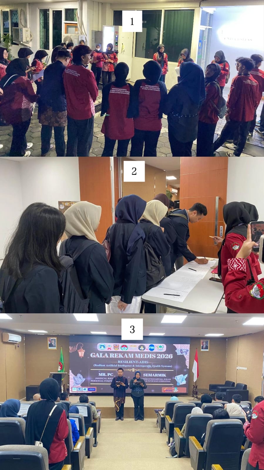 Keterangan : Gambar 1 Persiapan Panitia, Gambar 2 Presensi Peserta sebelum memasuki  Ruang I.6, Gambar 3 Pembukaan Acara oleh MC
